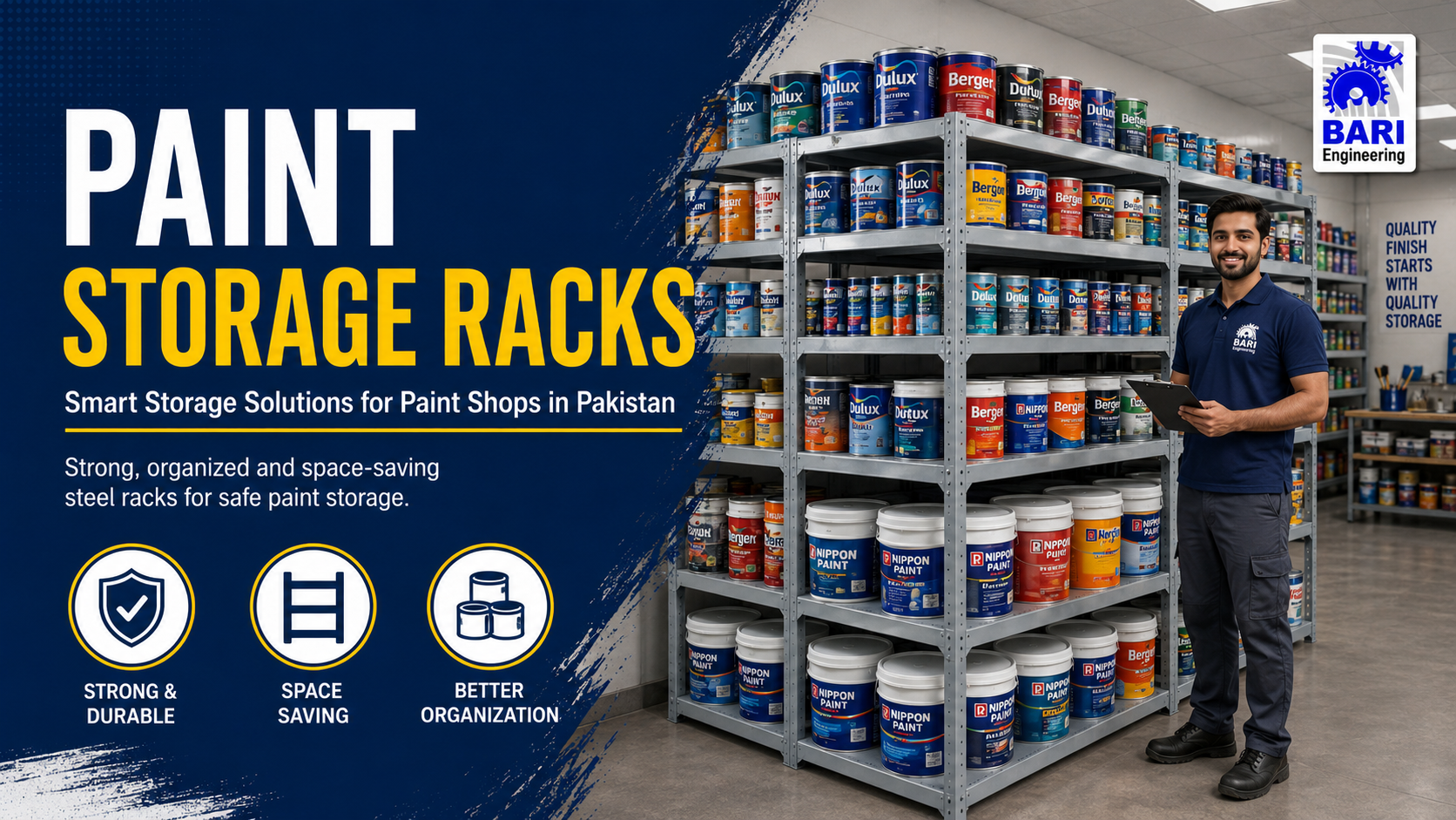 Human character standing beside paint storage racks in an organized paint shop.