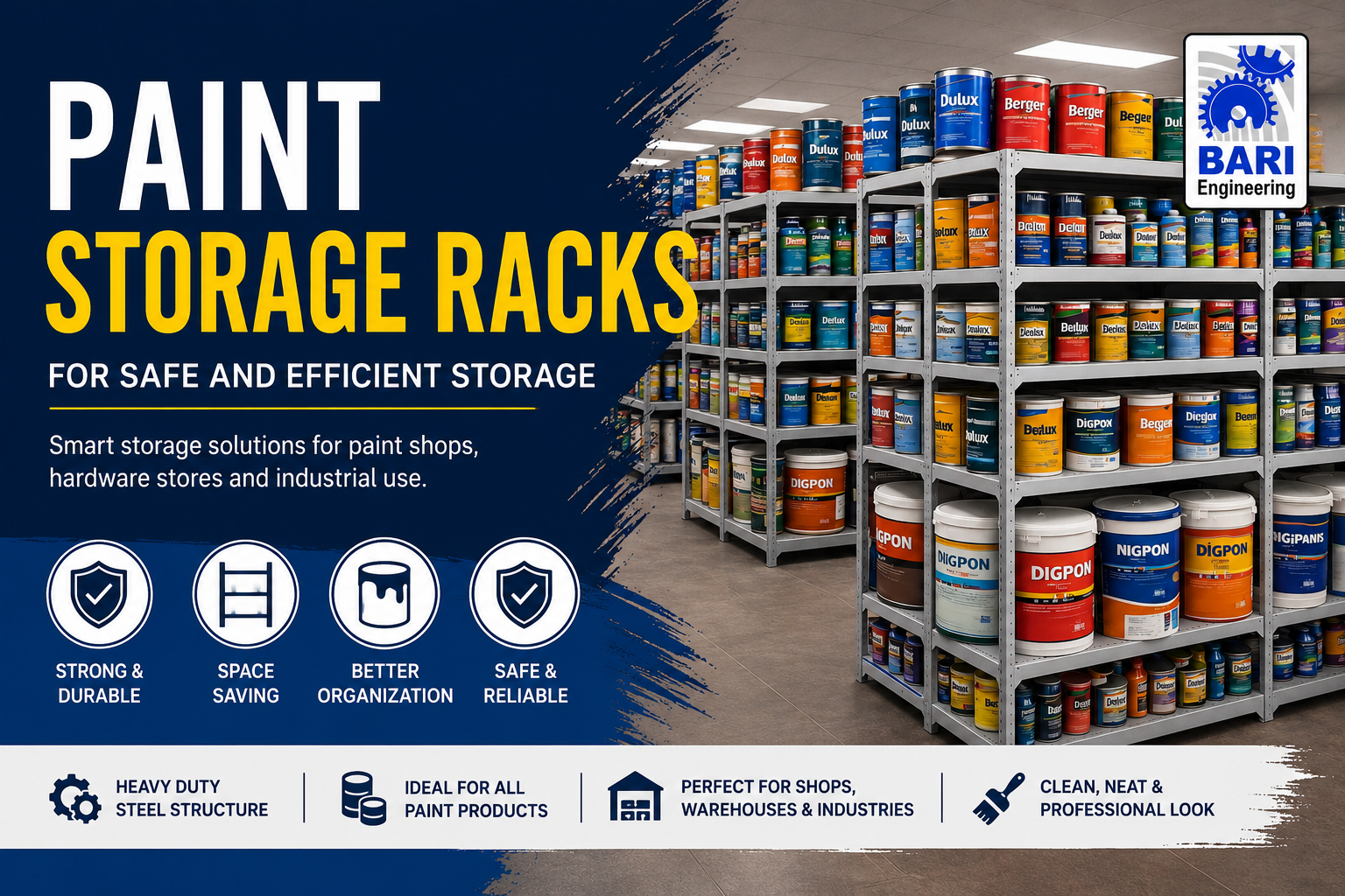 Paint storage racks with organized paint cans in a professional paint shop.