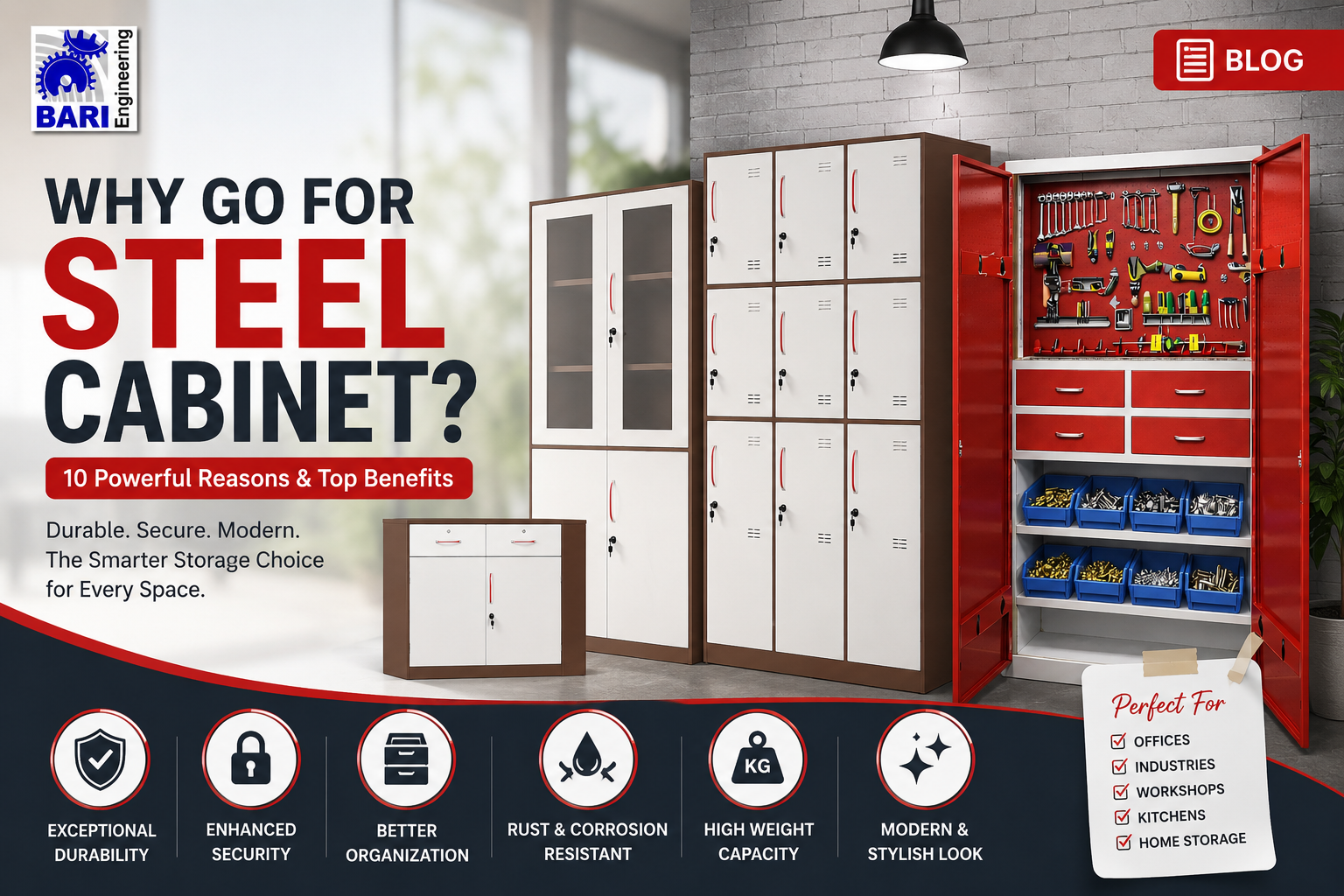 Modern steel storage cabinets including tool cabinets, locker cabinets, and glass door cabinets displayed in a professional industrial showroom by BARI Engineering.