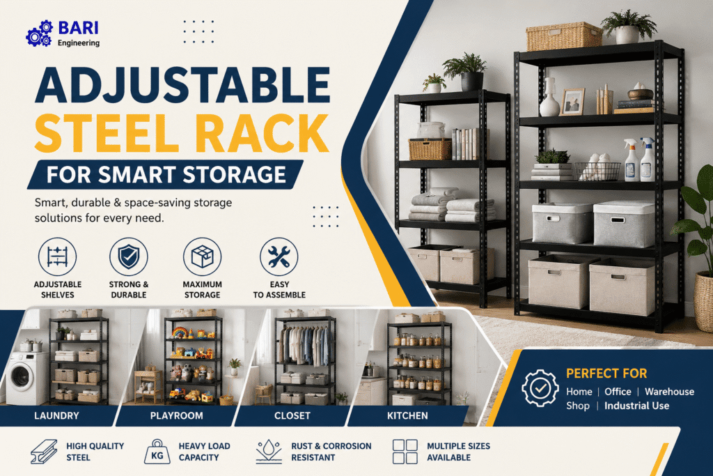 Adjustable steel rack promotional banner for smart storage, home, office, shop and warehouse use