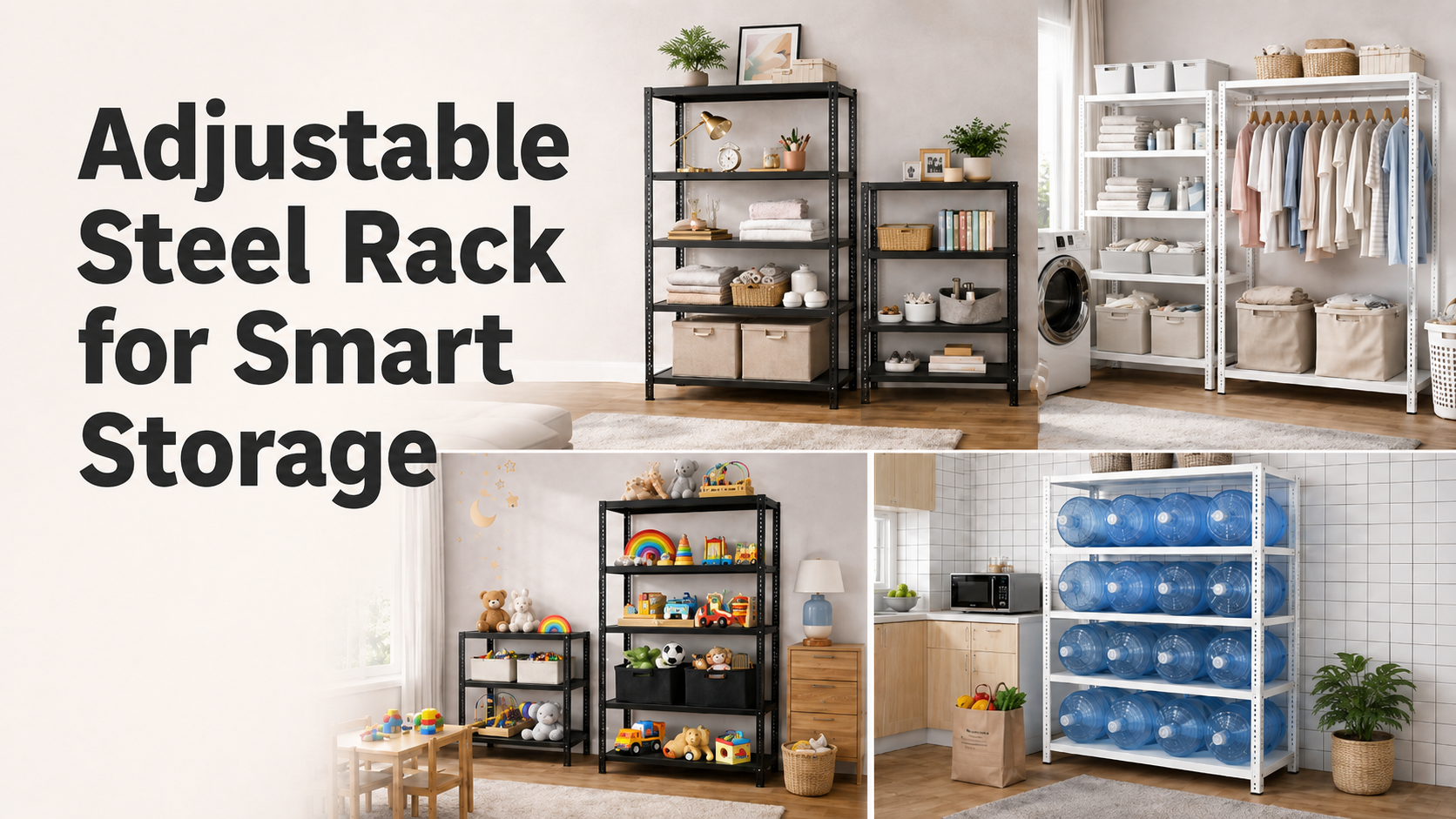 Adjustable steel rack for smart storage in home, laundry, playroom, and kitchen spaces