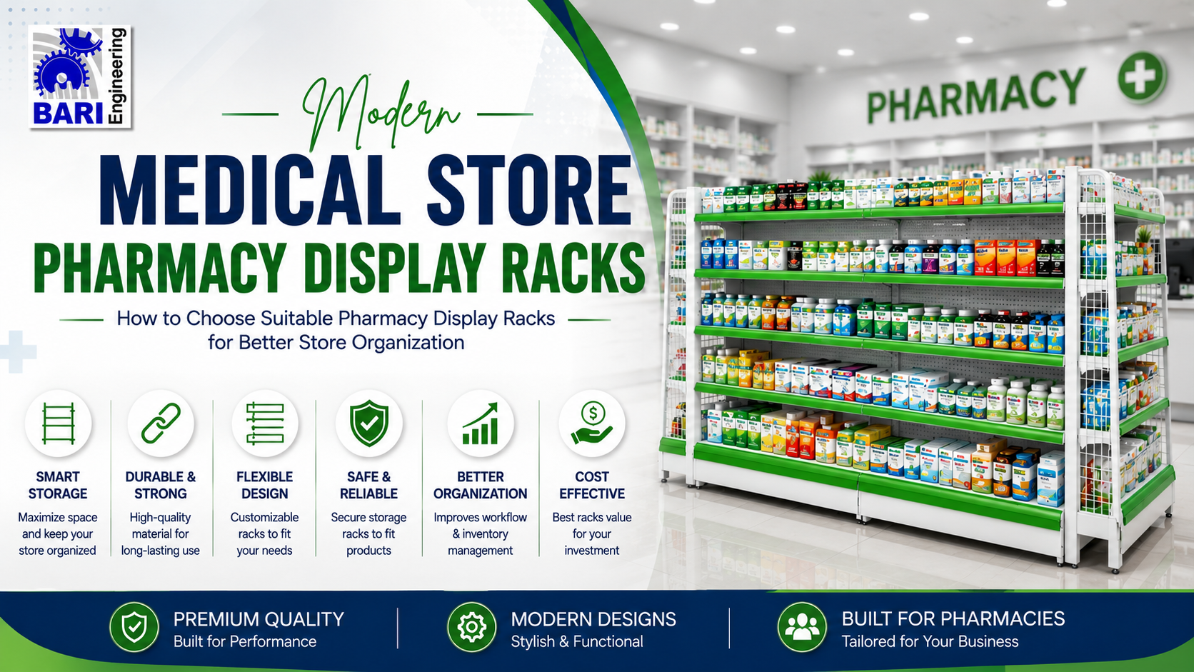 Modern Medical Store Pharmacy Display Racks for Organized Medicine Storage